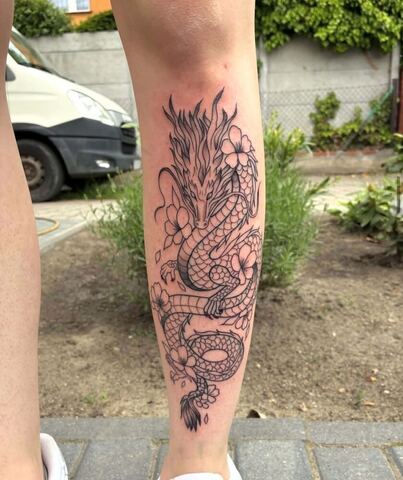 Tatuaż japońskiego smoka z kwiatami wiśni na łydce – tatuaż graficzny Gniezno